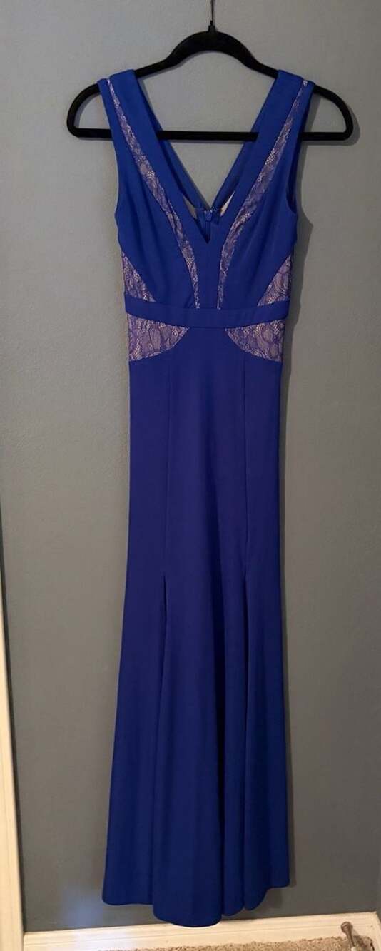 BCBGMAXAZRIA Reese Royal Blue Lace V-Neck Mermaid Gown Maxi Dress